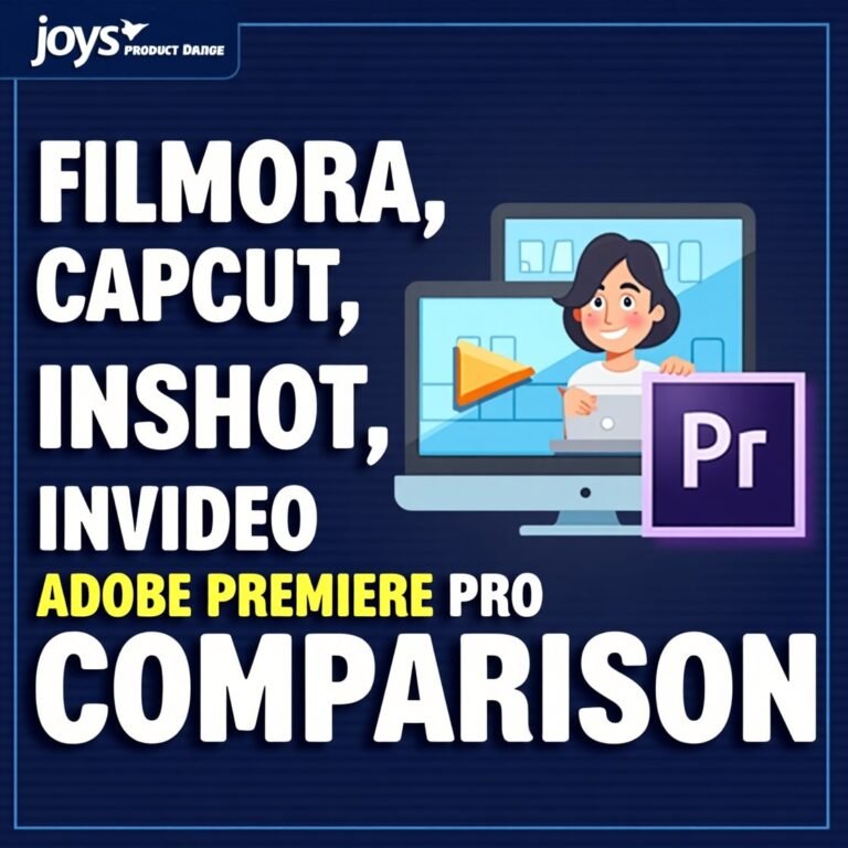 Side-by-side comparison graphic of Filmora, CapCut, InShot, InVideo, and Adobe Premiere Pro video editing tools
