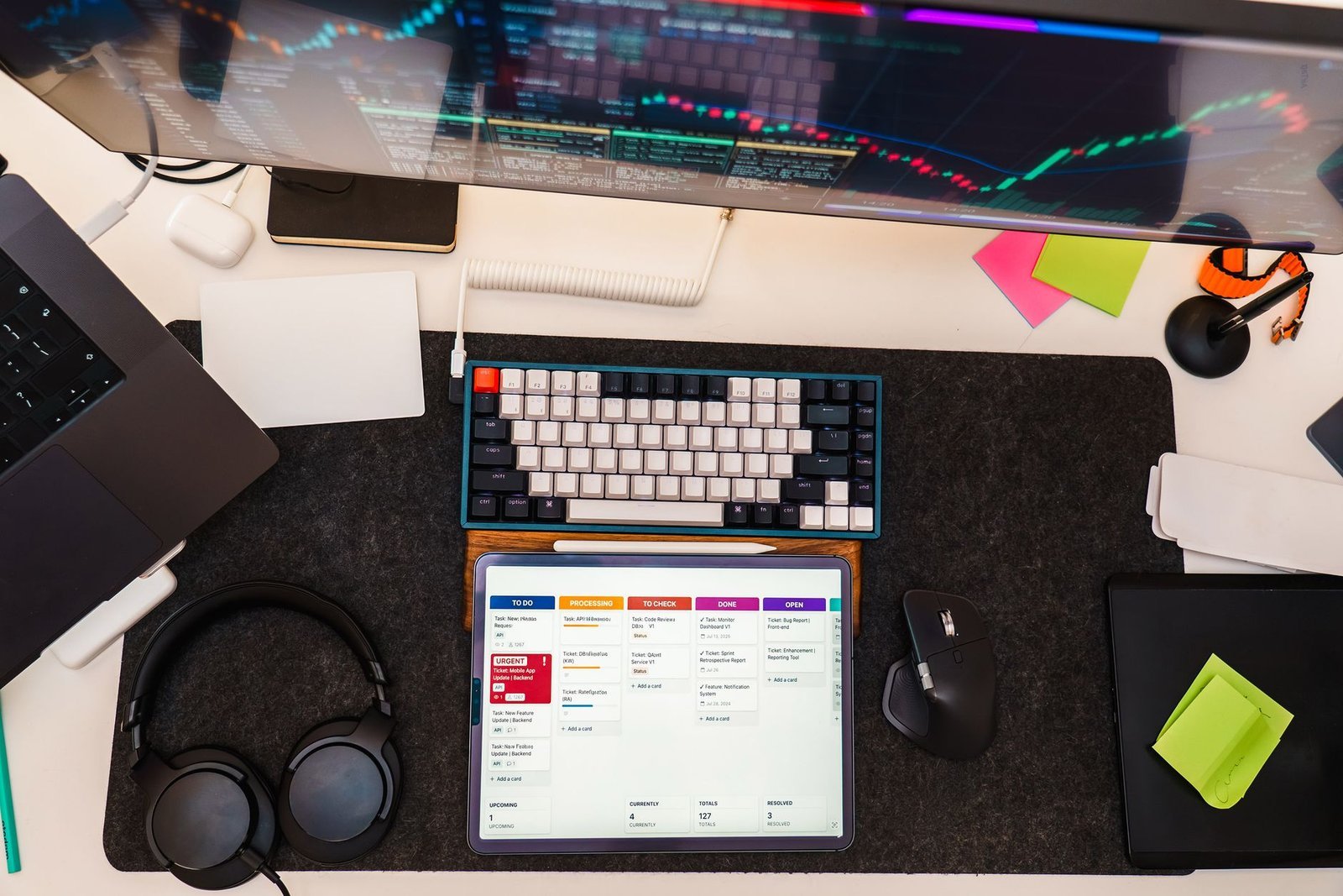 A modern workspace featuring CRM software on a laptop for efficient business management.